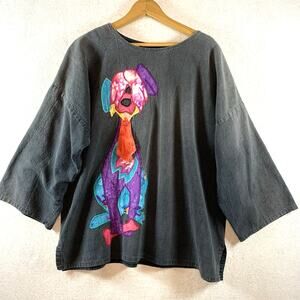 Alfredos Wife Women Top Sz M Dog Patchwork Applique 3D Tongue Lagenlook‎ Artsy